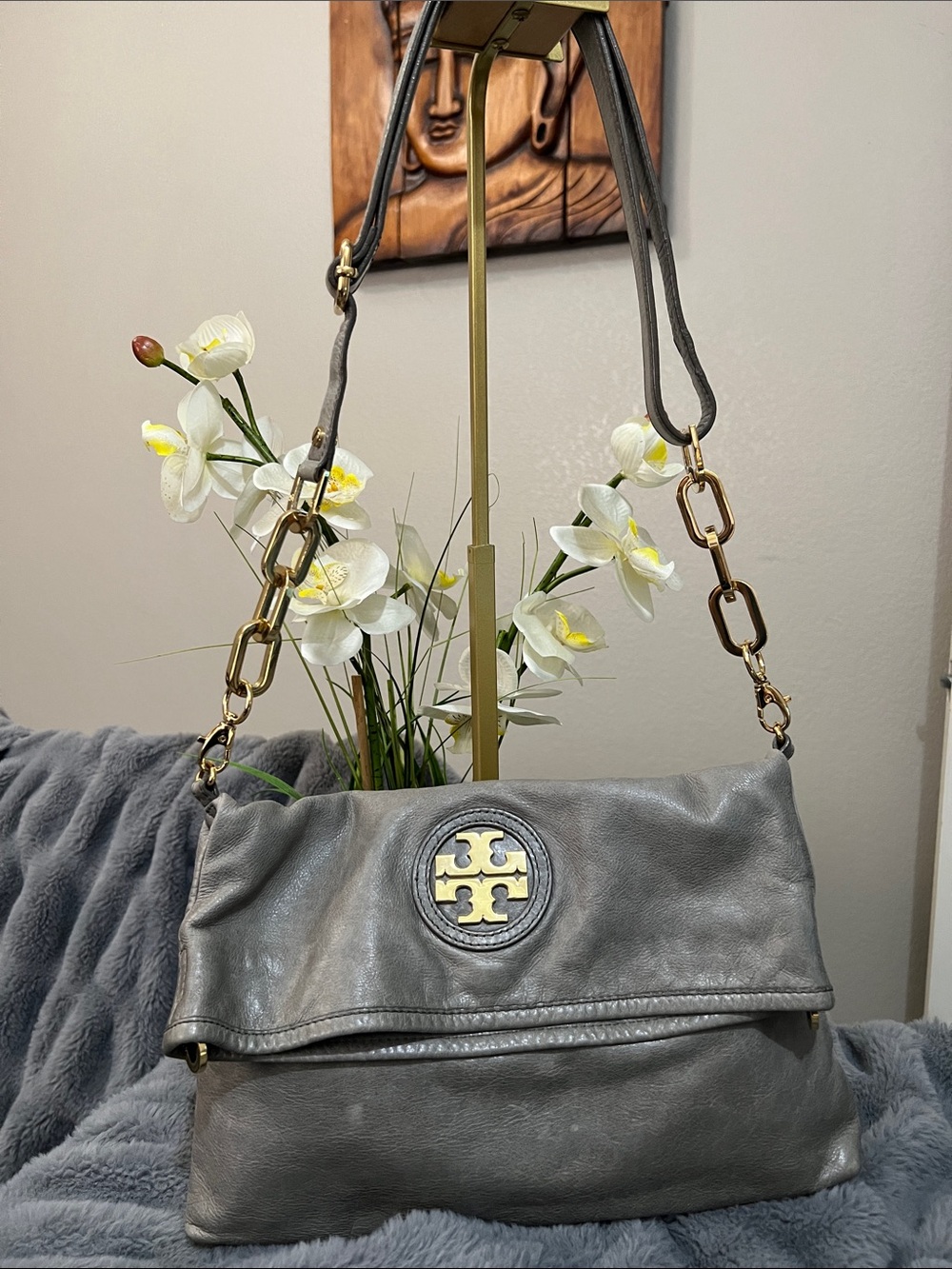 Tory Burch Vintage Gray Leather Fold-Over Shoulder/crossbody Bag EUC